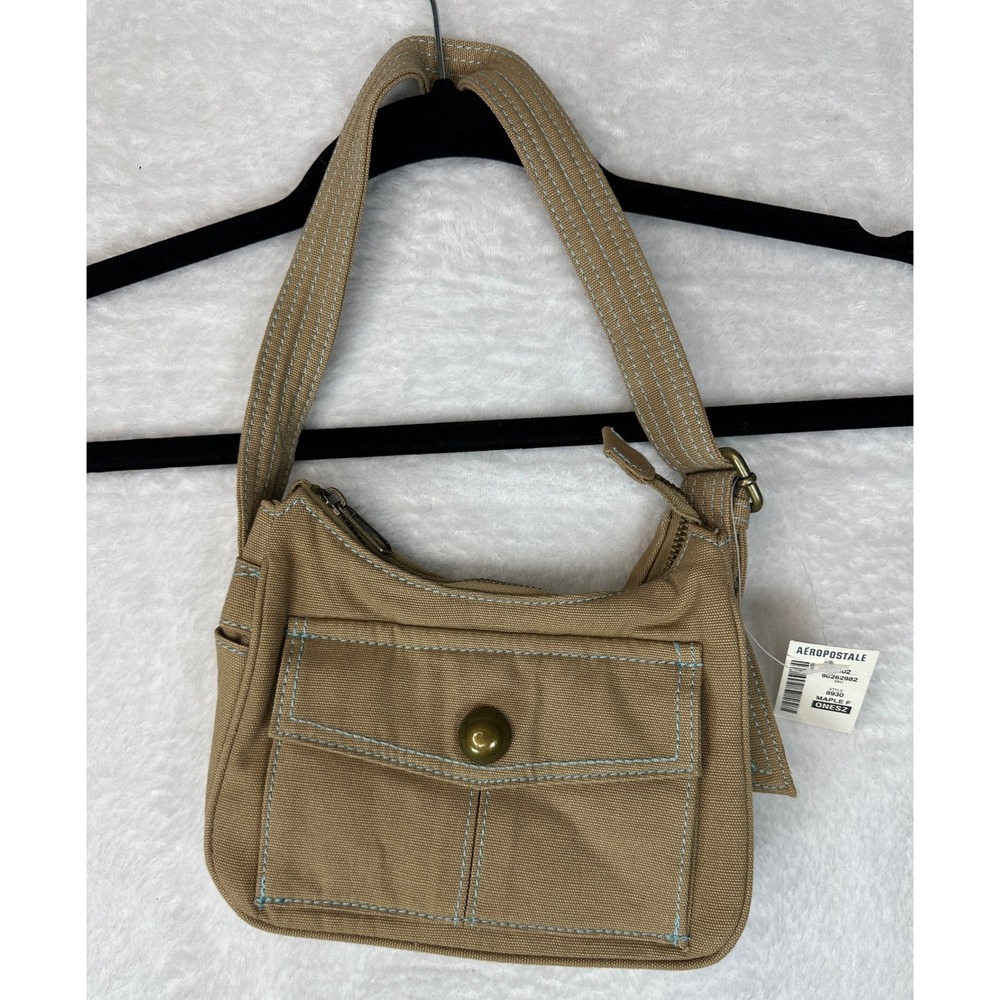 Aeropostale Canvas Y2K Shoulder Bag Womens OS Maple Tan Blue Stitching New